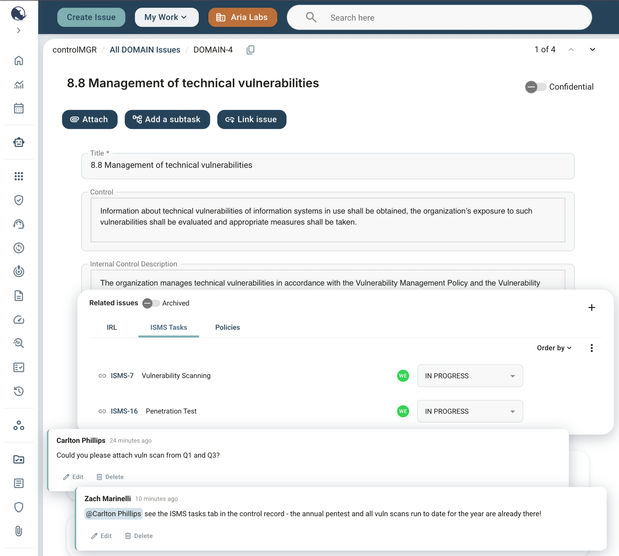 ISO 27001 control 8.8 with linked ISMS tasks for vulnerability scanning and the penetration test, and a comment thread where a request for vulnerability scans is answered by pointing to those linked tasks