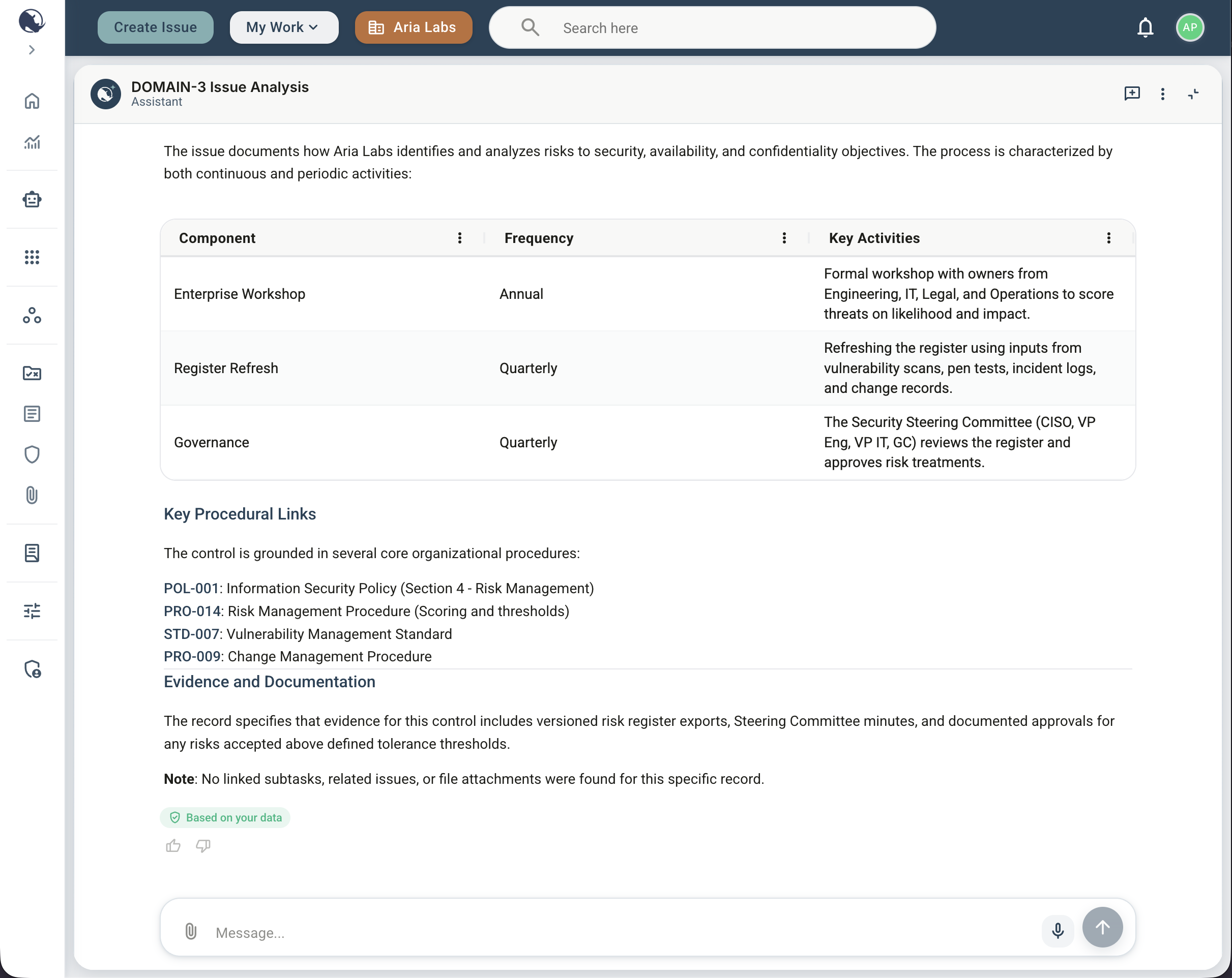 domainGRC AI assistant answering a question about a control, citing the organization's own policy and procedure documents, with a “Based on your data” badge