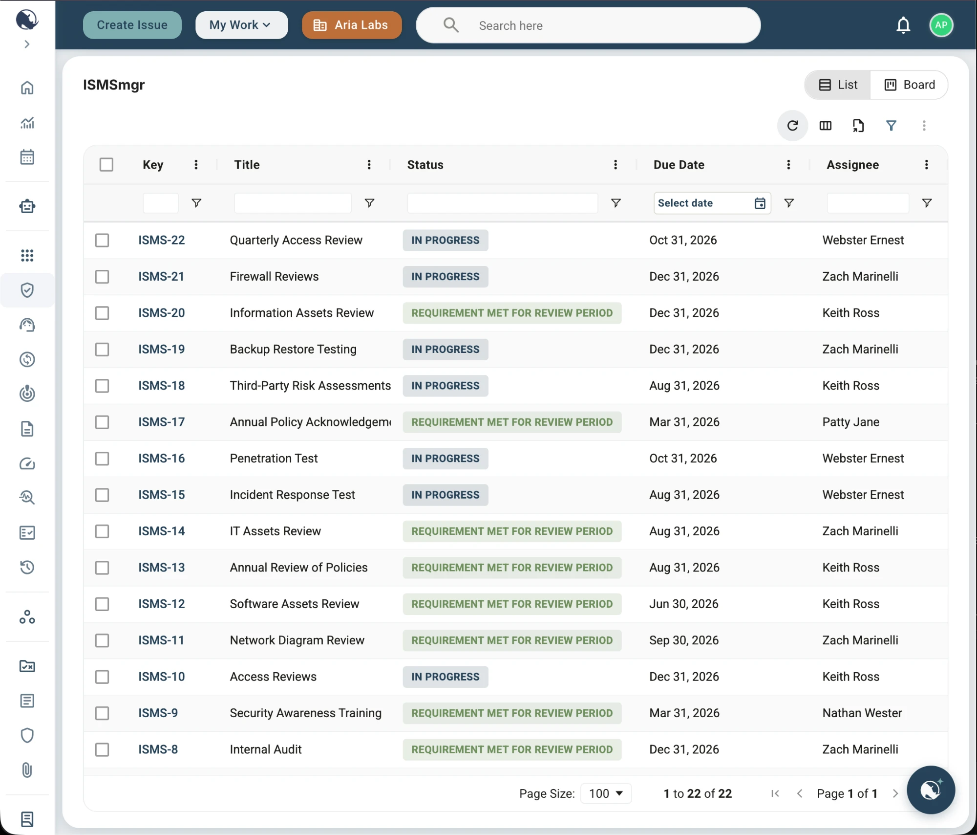 ISMSmgr task list view, showing recurring activities with status variety