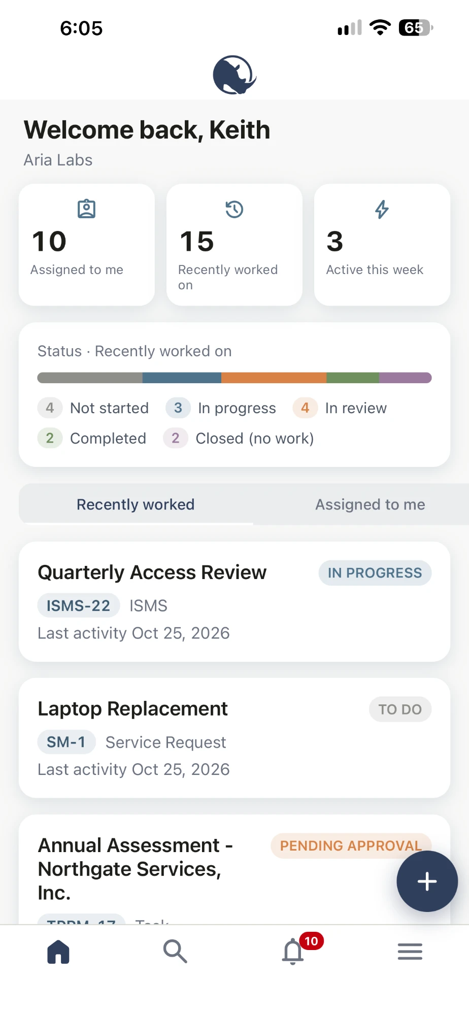 domainGRC mobile app home screen on iPhone, showing work counts, a status breakdown of recently worked items, and recent records across ISMS tasks, service requests, and vendor assessments